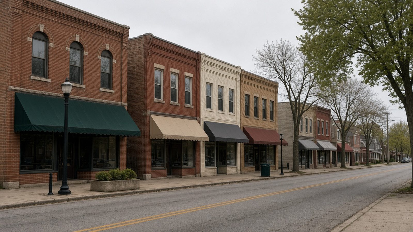 Storefronts along a quiet Chicago neighborhood commercial street with vintage signage and soft overcast light